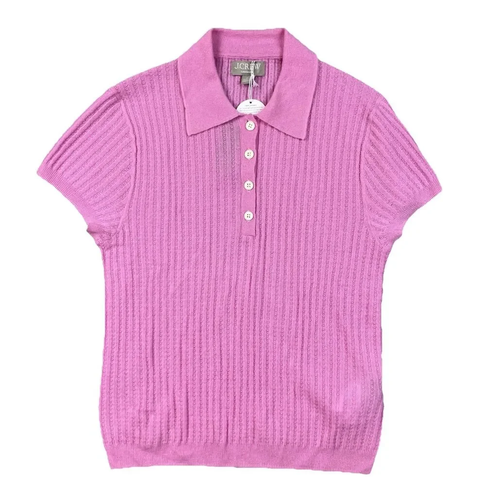 J.Crew Cashmere Cardigan Womens M Pink Featherweight Pointelle Sweater Polo